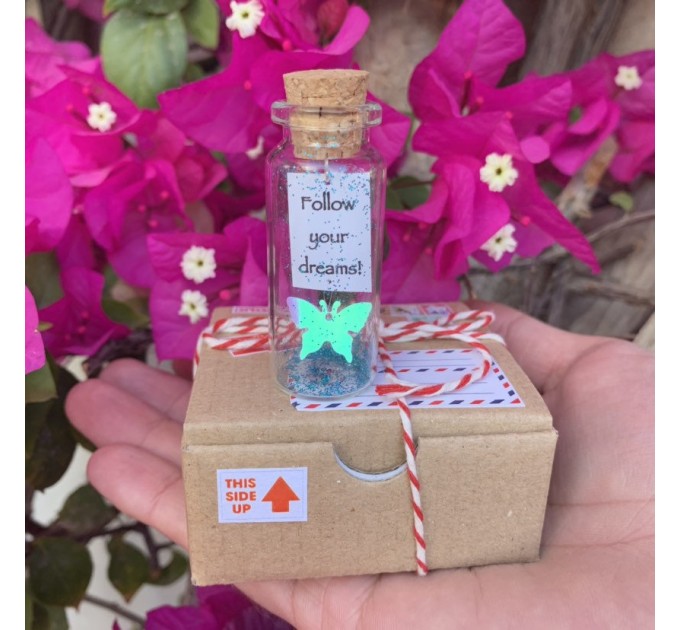 Inspirational gift for her, Butterfly, Engagement gift, Message in a bottle, Best Friend gift, Girlfriend Gift, Follow your dreams, Wish Jar