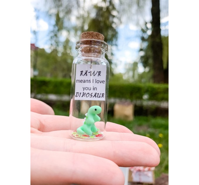 Dinosaur Gift RAWR I love you Message in a Bottle Cute Gift for Boyfriend or Girlfriend Miniature  Dinosaur Funny Present 