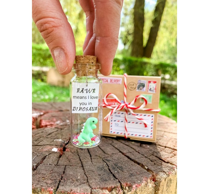 Dinosaur Gift RAWR I love you Message in a Bottle Cute Gift for Boyfriend or Girlfriend Miniature  Dinosaur Funny Present 