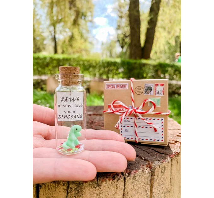 Dinosaur Gift RAWR I love you Message in a Bottle Cute Gift for Boyfriend or Girlfriend Miniature  Dinosaur Funny Present 