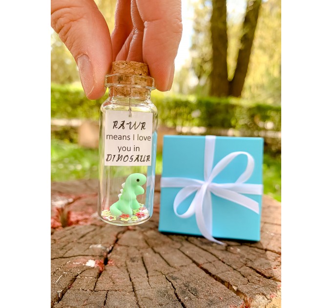 Dinosaur Gift RAWR I love you Message in a Bottle Cute Gift for Boyfriend or Girlfriend Miniature  Dinosaur Funny Present 