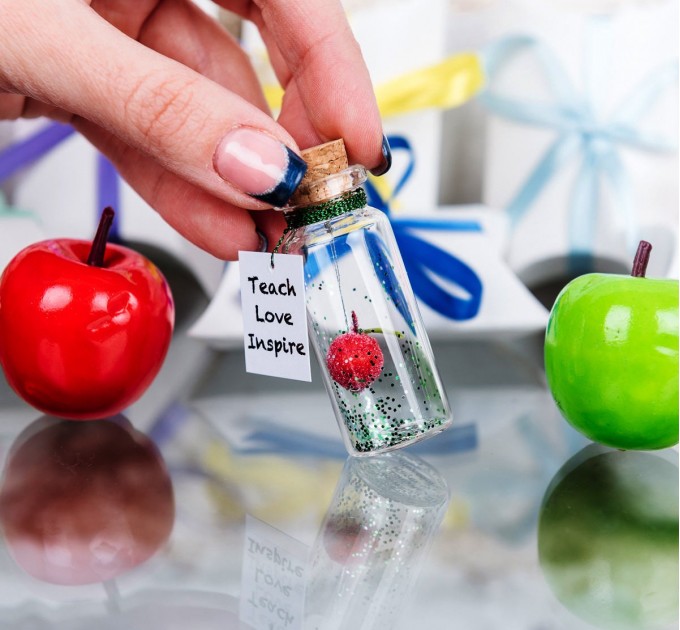 Teacher Gift Personalized Apple Gift For Teacher Teach Love Inspire Message in a Bottle Red Apple Gift Elementary End Of Year Gift