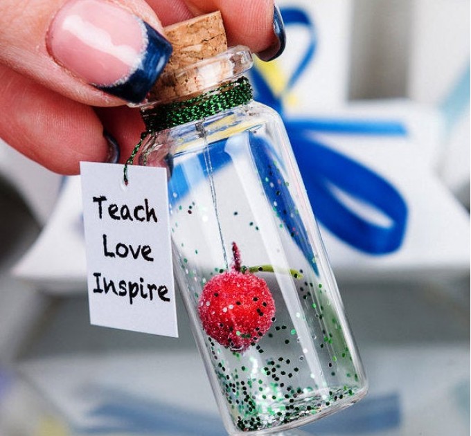 Teacher Gift Personalized Apple Gift For Teacher Teach Love Inspire Message in a Bottle Red Apple Gift Elementary End Of Year Gift