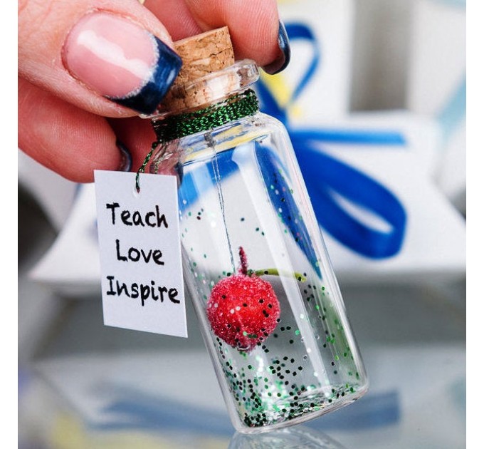 Teacher Gift Personalized Apple Gift For Teacher Teach Love Inspire Message in a Bottle Red Apple Gift Elementary End Of Year Gift