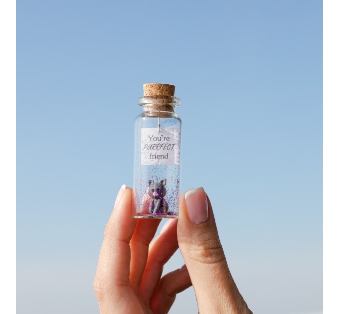 Cute Anniversary Photo Gift For Girlfriend | Custom Message in a Bottle with Miniature Grey Cat | Small gift for boyfriend