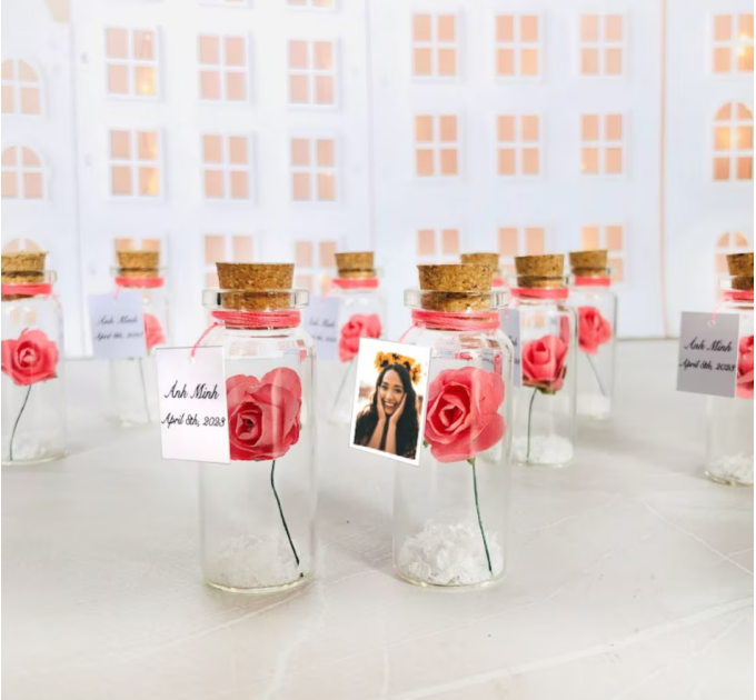 Personalized Quinceanera Favors Set of 10, Sweet 16 Birthday Party Favors for guests With Photo, Miss 15 Forever Rose & Message In A Bottle