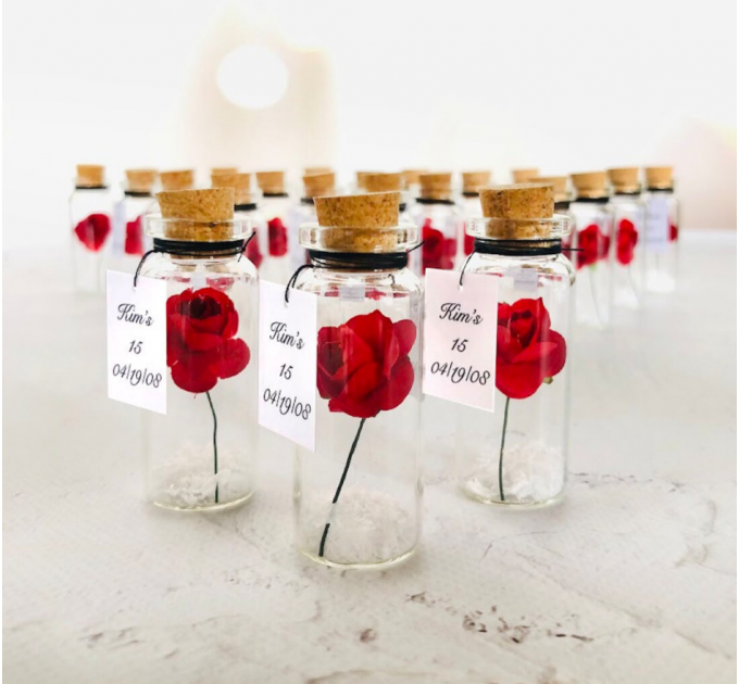 Sweet 16th party favors, Rose dome belle favors, personalized quinceanera favors, sweet sixteen message in a bottle, party favors for guests