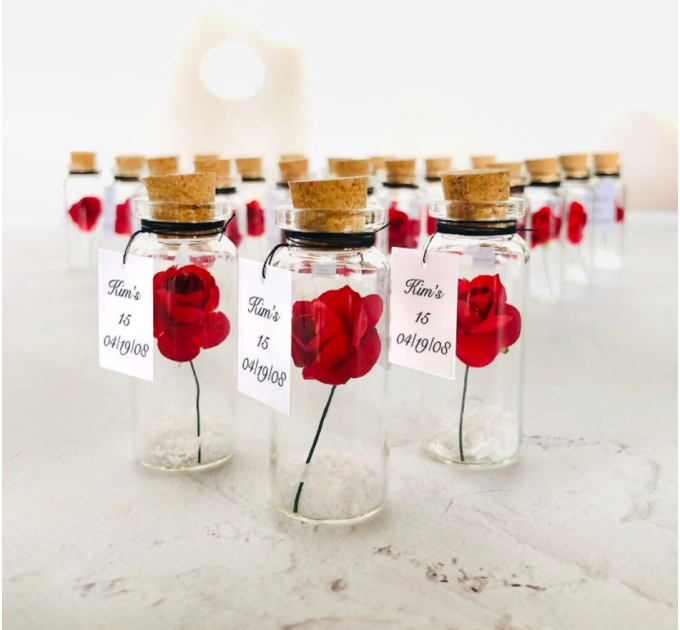 15 birthday favors for guests, Set of 10 roses in jars for quince party, wholesale quinceanera favors, bulk party favors for quinces