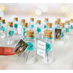 Miss 15 Quince Favors for guests, Set of 10 Roses In A Bottle with Photo, Sweet 16 Party Favors with Message, Personalized Thank you favors