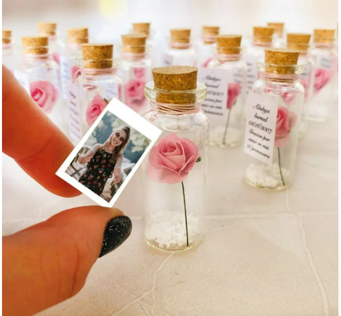 Personalized Quinceanera Favors Set of 10, Sweet 16 Birthday Party Favors for guests With Photo, Miss 15 Forever Rose & Message In A Bottle