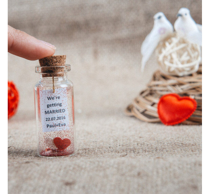 Romantic save the date souvenirs for guests, Personalized heart in a bottle keepsakes in bulk, 1st anniversary party favors for guests