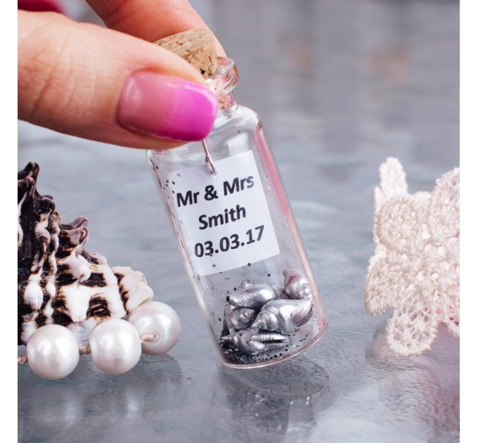 Golden 50th wedding favors, Personalized message in a bottle for 50th anniversary party, Gold seashells in bottle as party guest gift