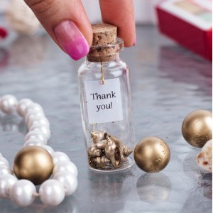 Golden 50th wedding favors, Personalized message in a bottle for 50th anniversary party, Gold seashells in bottle as party guest gift