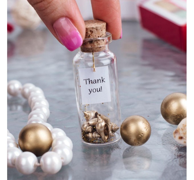 Golden 50th wedding favors, Personalized message in a bottle for 50th anniversary party, Gold seashells in bottle as party guest gift