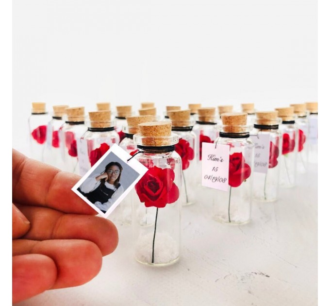 Ruby anniversary party favors, 40 years of marriage save the date favor, Personalized rose in a bottle, Thank you souvenirs for guests