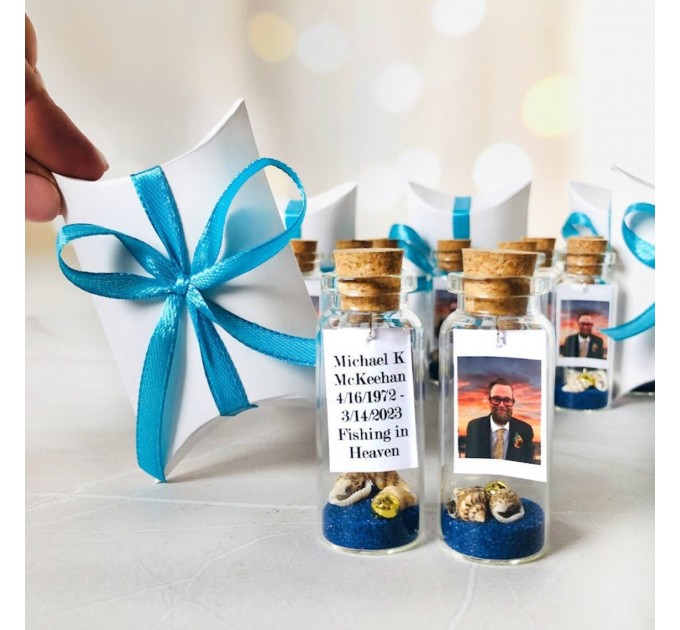 In memory of grandpa Favors for funeral with Photo, Celebration of life Wholesale gifts for guests, Sand and Shell Jar Sympathy Gift in Box