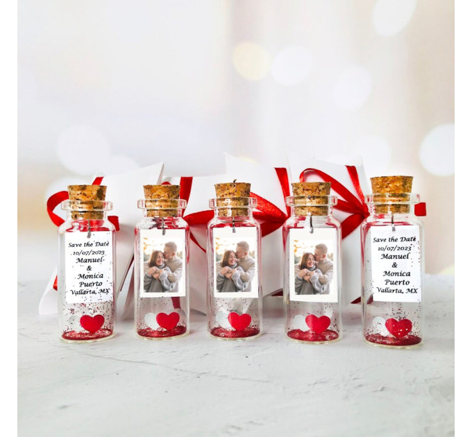 Engagement Party favors for guests, The new mr and mrs souvenirs for guests, Personalized Heart in a bottle favors for adults, Save the date