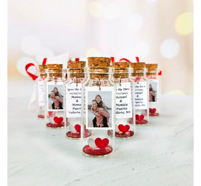 Romantic save the date souvenirs for guests, Personalized heart in a bottle keepsakes in bulk, 1st anniversary party favors for guests