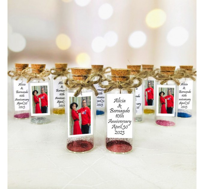 10th anniversary custom party favors, Anniversary guest gifts, Cheers to 10 years souvenirs for guests, Mr and Mrs rustic favors with photo
