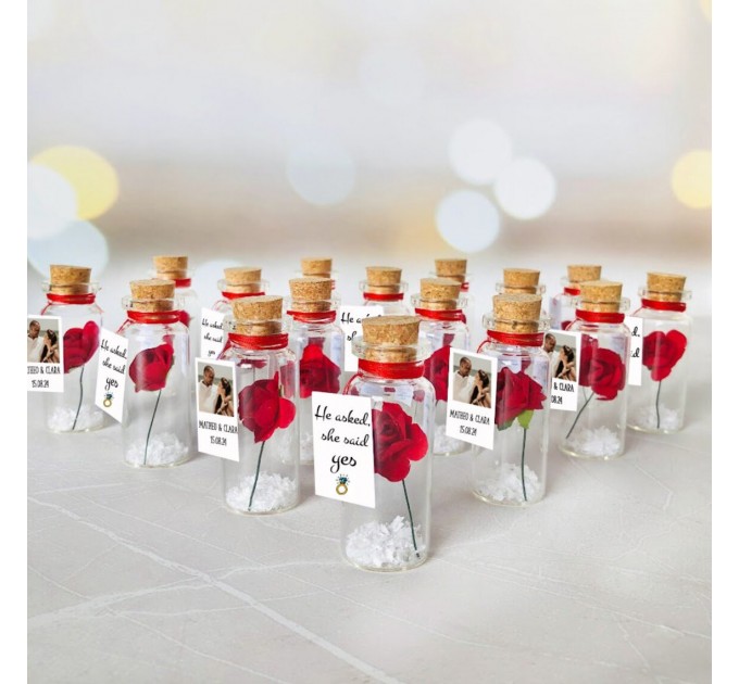 She said yes message in a bottle, personalized rose in bottle favors, engagement favors with photo, bulk thank you favors for couples shower