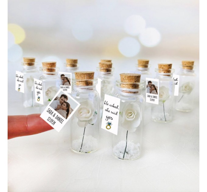 She said yes message in a bottle, personalized rose in bottle favors, engagement favors with photo, bulk thank you favors for couples shower
