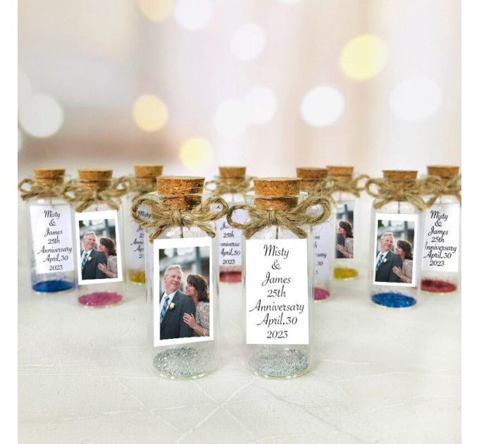 50th wedding favors, Rustic anniversary party keepsake, small party gifts for gold anniversary, Message in a bottle with photo and glitter