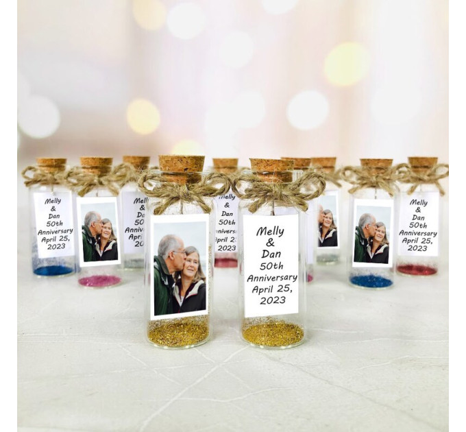 50th wedding favors, Rustic anniversary party keepsake, small party gifts for gold anniversary, Message in a bottle with photo and glitter