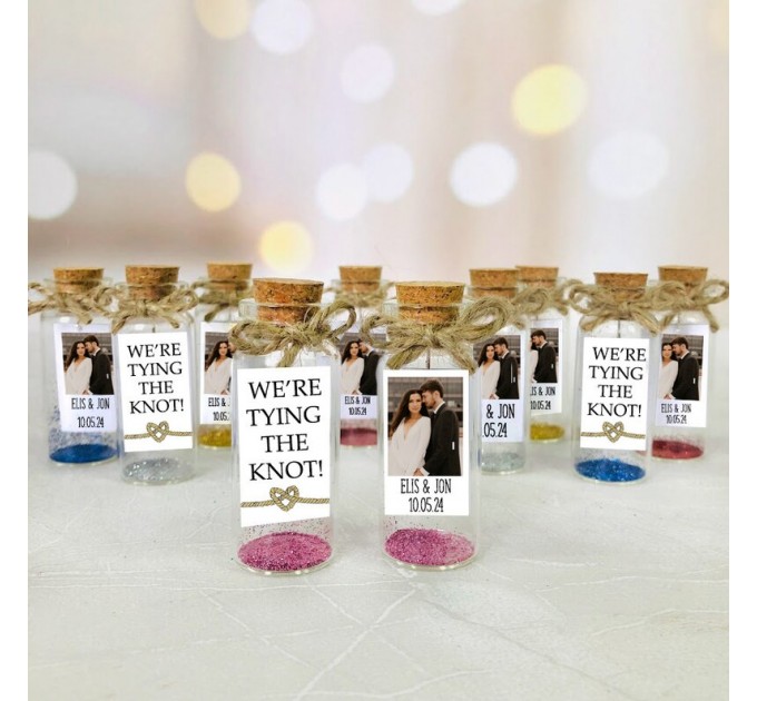 We're tying the knot bottle favors for guests, pop the question engagement favors, save the date favors with photo, small party guests gifts