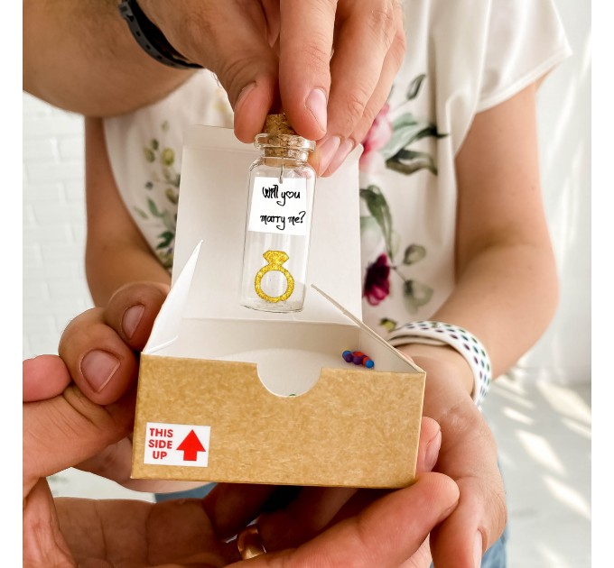 ONE-OF-A-KIND MARRIAGE PROPOSAL CARD inside a tiny decorative bottle with a cute rings