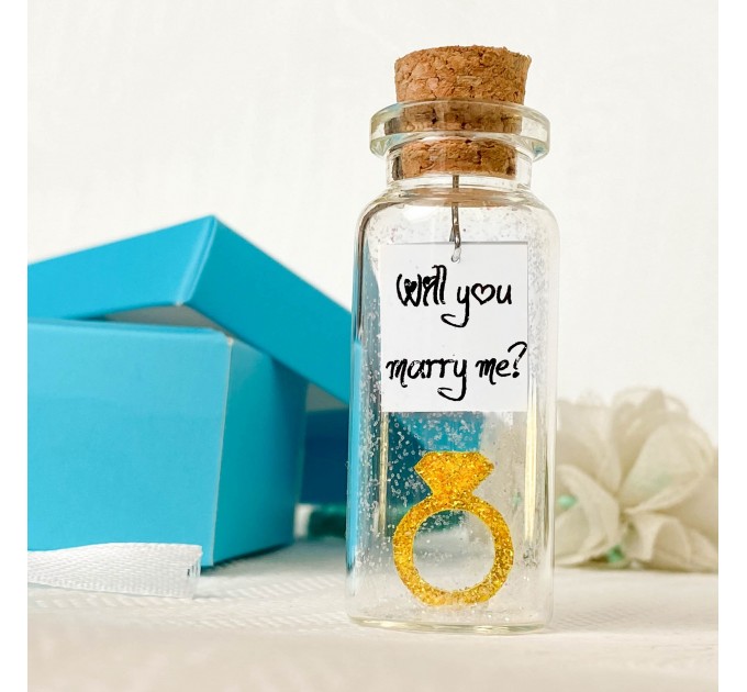 ONE-OF-A-KIND MARRIAGE PROPOSAL CARD inside a tiny decorative bottle with a cute rings