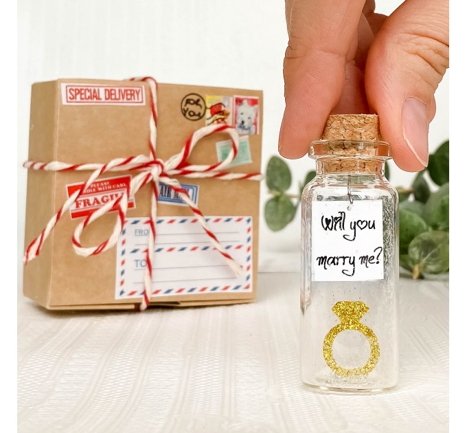 ONE-OF-A-KIND MARRIAGE PROPOSAL CARD inside a tiny decorative bottle with a cute rings