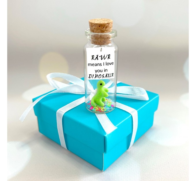 Funny Anniversary Gift For Girlfriend or Boyfriend, Tiny Miniature Dinosaur with message in a Bottle Personalized dating anniversary gift