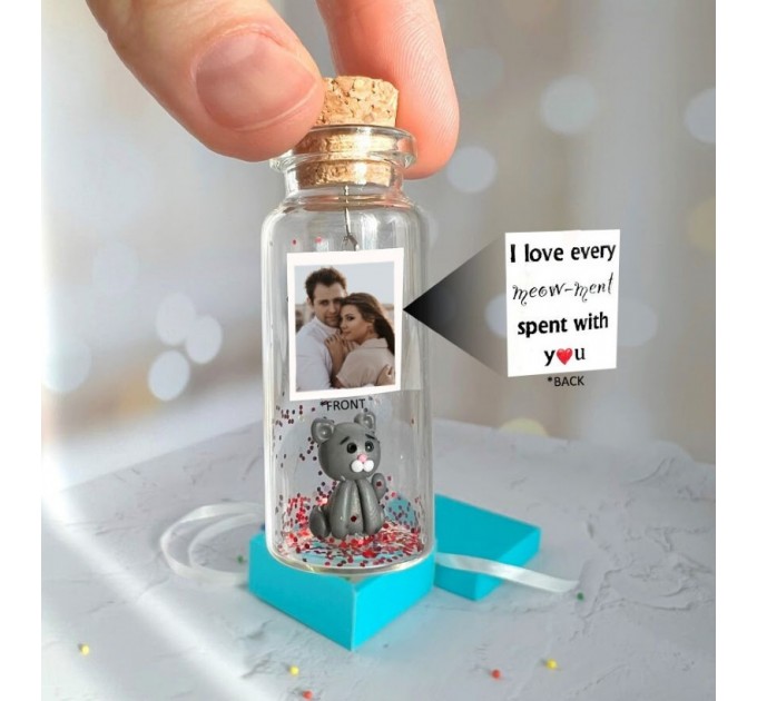 Cute Anniversary Photo Gift For Girlfriend | Custom Message in a Bottle with Miniature Grey Cat | Small gift for boyfriend