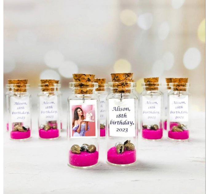 15th birthday favors with photo, Customized carnival favors, Message in bottle, Personalized keepsake for guests, Quinceañera favors in bulk
