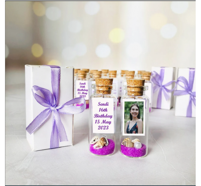 Sweet 16 favours with photo, Save the date birthday party favor, Mis quince favors message in a bottle, Quinceanera party keepsake for guest