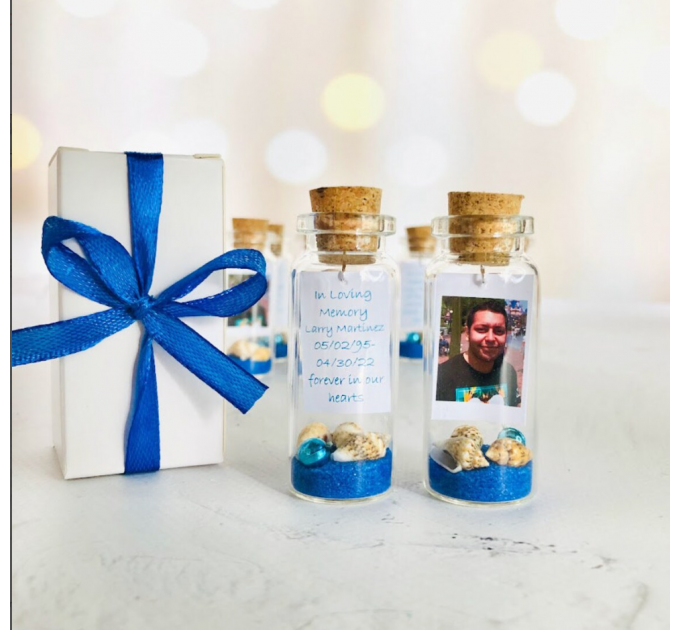 In memory of grandpa Favors for funeral with Photo, Celebration of life Wholesale gifts for guests, Sand and Shell Jar Sympathy Gift in Box